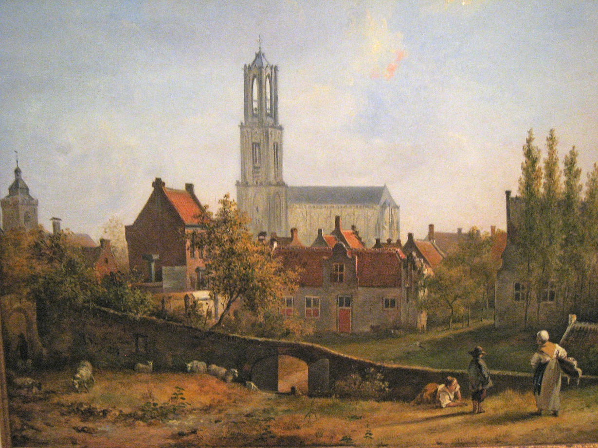 Schilderij van Bruno van Straten van 1824, daarop te zien het Duitse Huis in Utrecht met de Domtoren. 