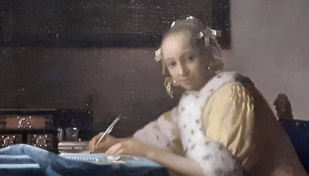Johannes Vermeer, Gemälde einer schreibenden Frau in Gelb (Detail), National Gallery of Art, Washington DC