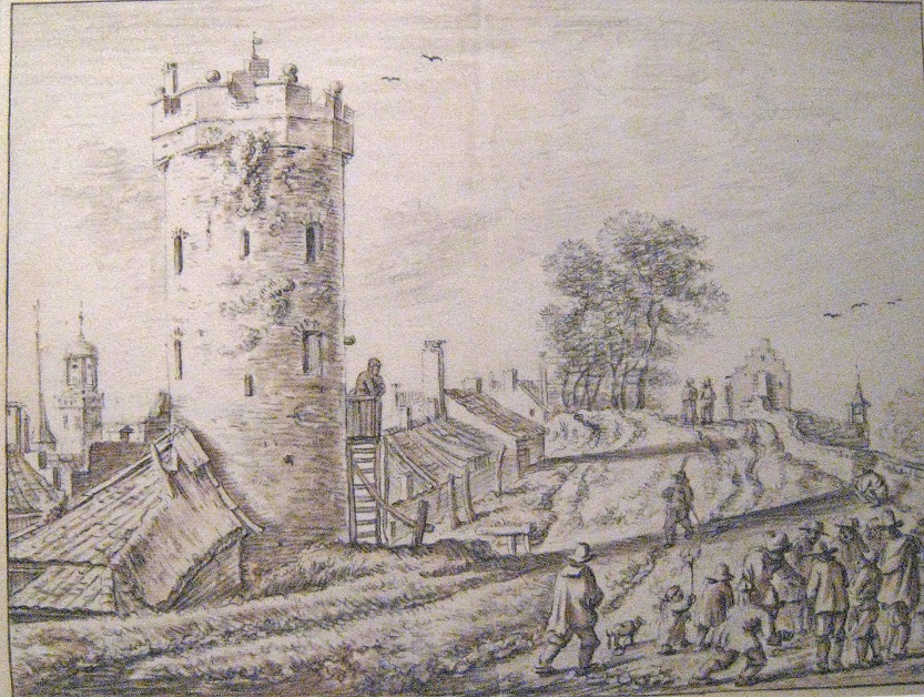 Tekening van de Bijlhouwerstoren in Utrecht met stadswal en Nicolaaskerk, Herman Saftleven, 1665 Rijksmuseum