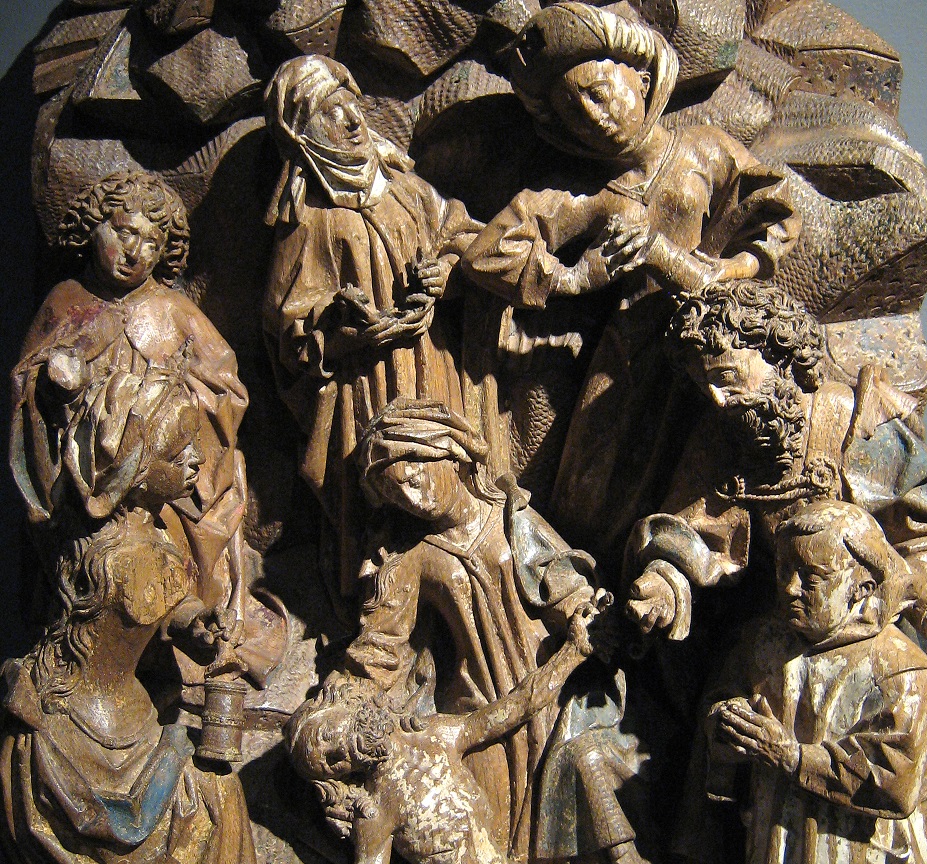 Detail van een gebeeldhouwde groep houten figuren die de Bewening van Christus uitbeelden, gemaakt door Arnt von Kalkar rond 1480.